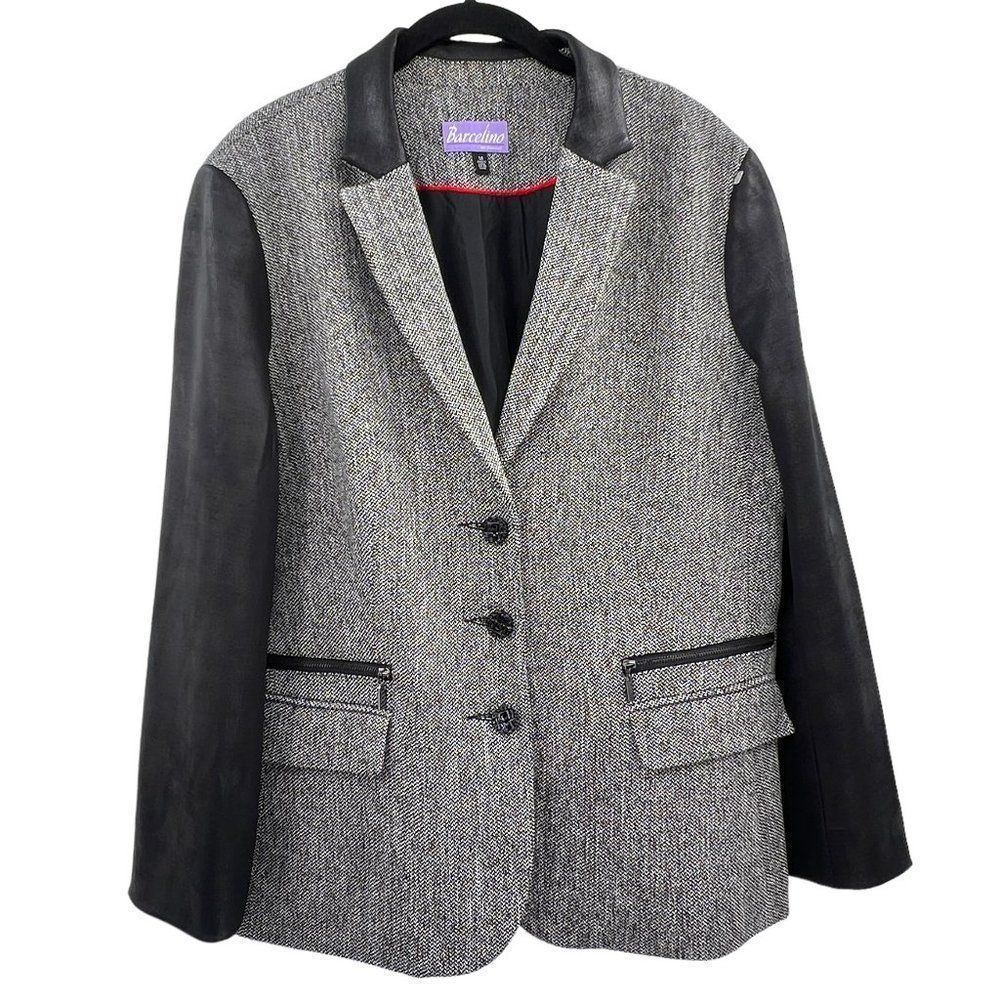 Vintage Barcelino SF Vegan Leather Sleeve Herringbone Tweed Blazer Jacket